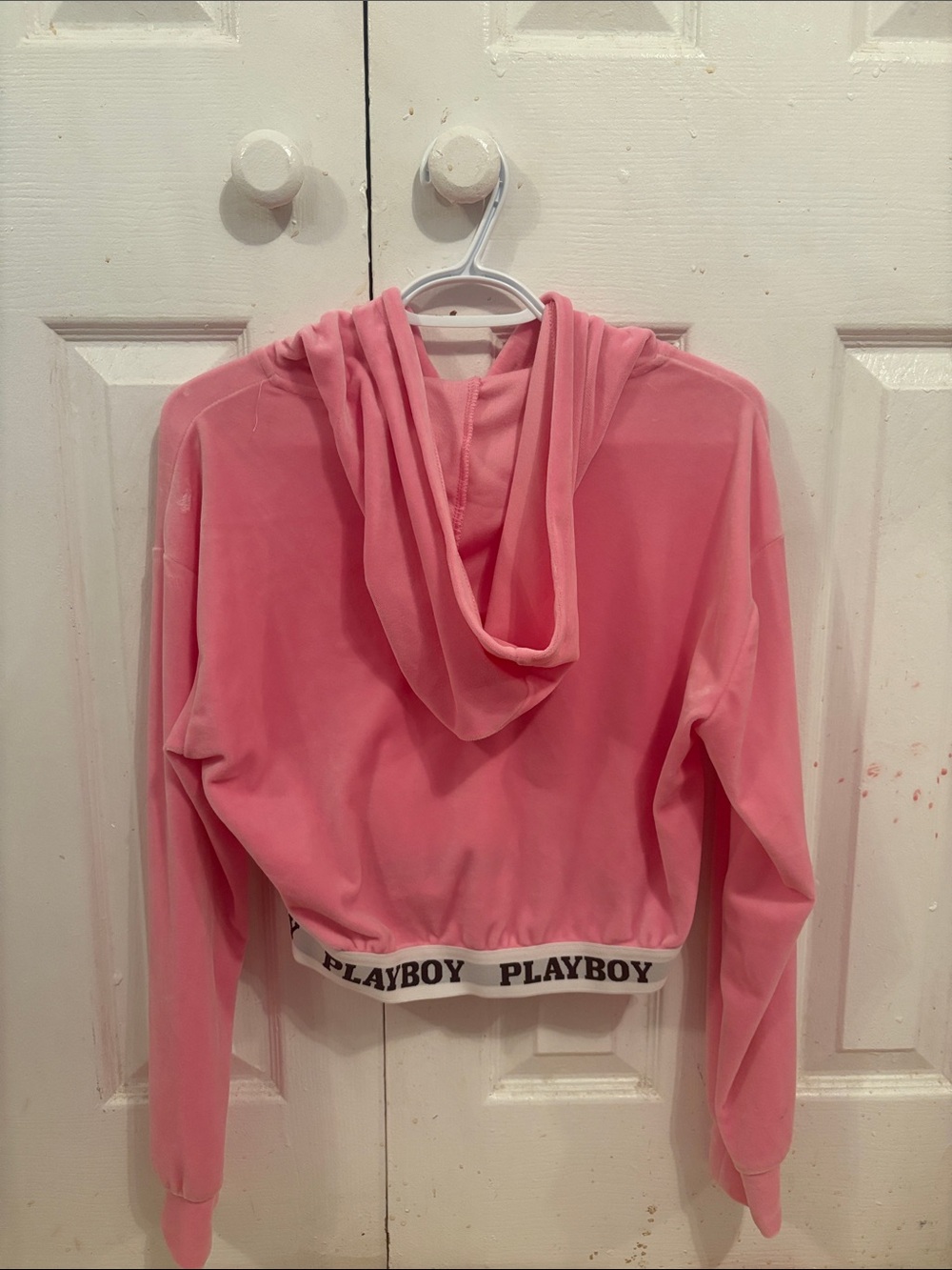 PLAYBOY Pink Velour Cropped Hoodie with Rhinestone Script - Picture 2 of 6